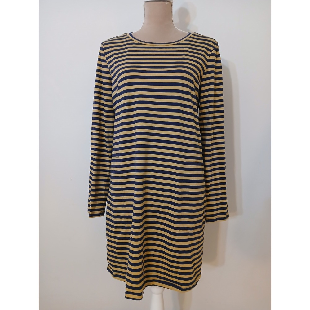 Toad & Co Womens Medium Striped Long Sleeve T-Shirt Dress Gold Navy Blue Pockets
